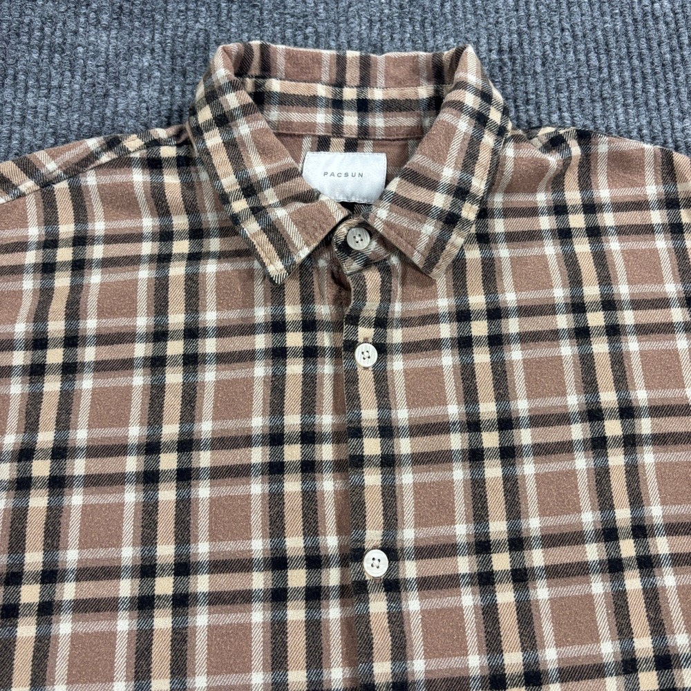 PacSun Flannel Button Up Mens M Brown Tan Plaid Long Sleeve Cotton Shirt